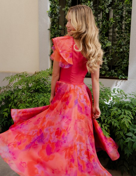 Midi party dress with asymmetrical neckline and printed skirt