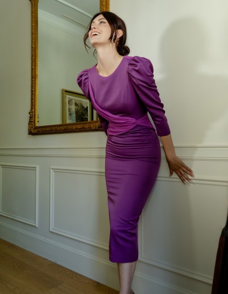 Vestido midi de fiesta con cuerpo drapeado y espalda descubierta - Invitada Perfecta