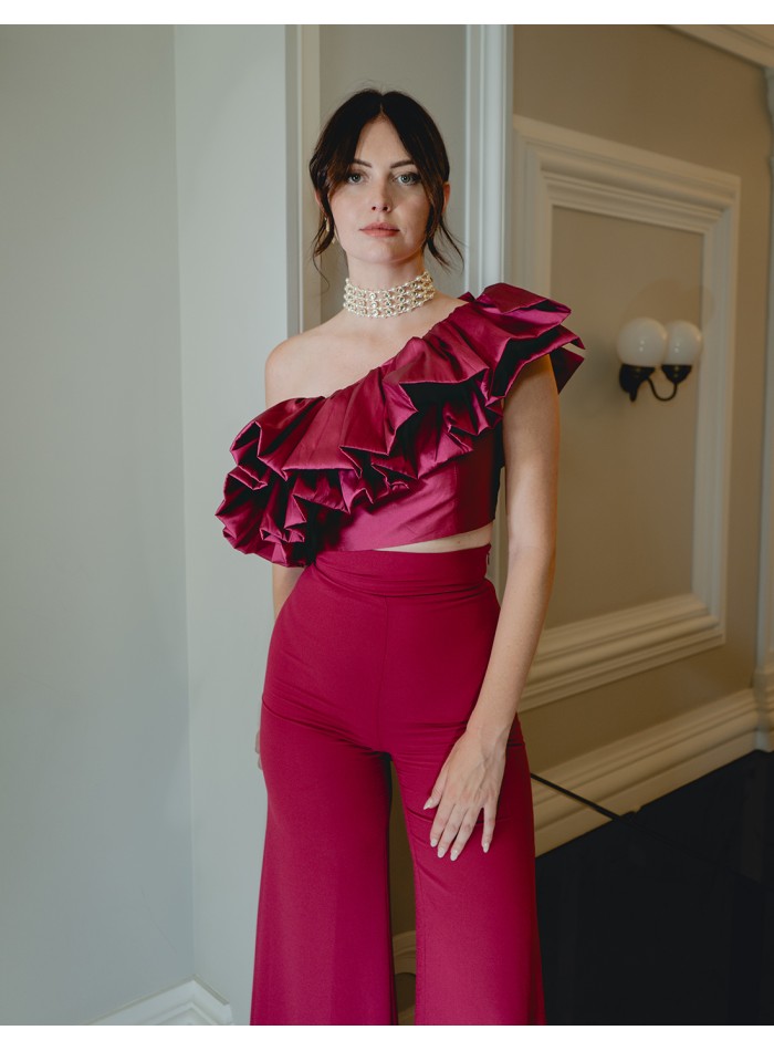 Asymmetrical top with ruffle and long straight...