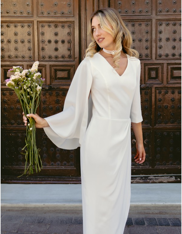 Cocktail dress with asymmetric french sleeves and cape 2