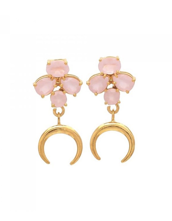 Long earrings with pink stones and golden moon - Moon Welowe - 1