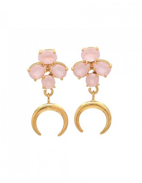 Long earrings with pink stones and golden moon - Moon Welowe - 1