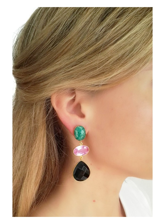Pendientes Yedra Amazonita azules rosas y negros. Welowe en INVITADISIMA