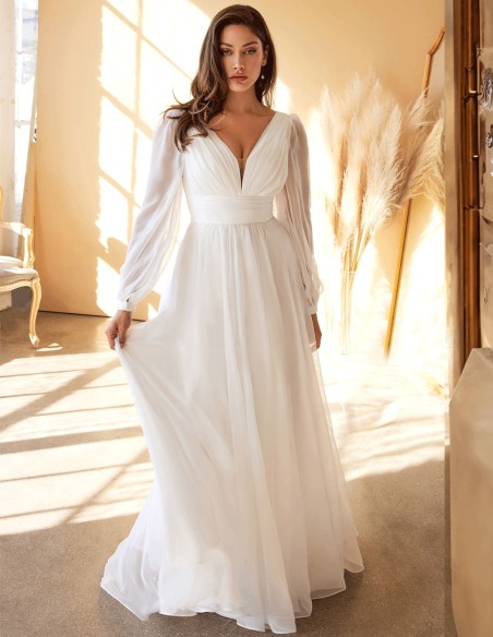 Chiffon wedding dress with long sleeves and V-neckline