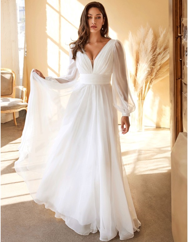 Chiffon wedding dress with long sleeves and V-neckline