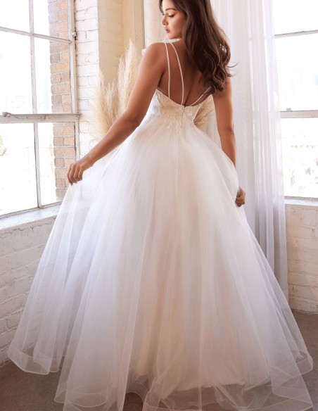 Wedding dress with rhinestone bodice and tulle skirt