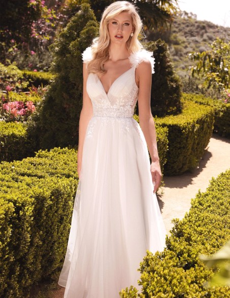Vestido de novia del tul con escote en pico y bordados