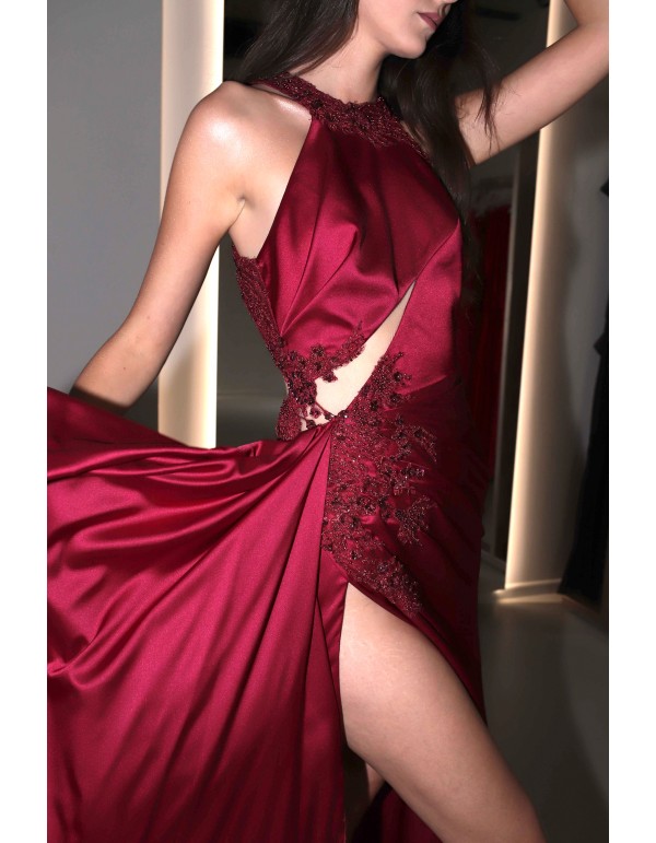 Long burgundy satin dress with slit, halter neckline and... 2