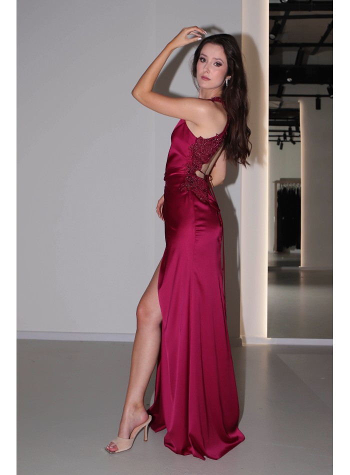 Long burgundy satin dress with slit, halter...