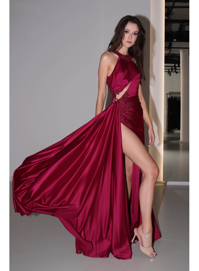 Long burgundy satin dress with slit, halter...