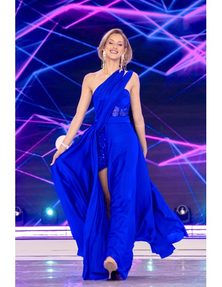 Vestido de fiesta largo con escote tipo corsé y sobrevestido de satén en azul klein