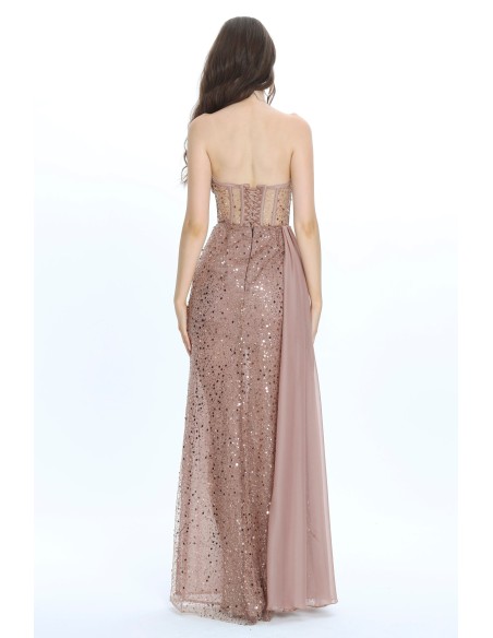 Vestido de fiesta largo con escote palabra de honor y tejido brillante