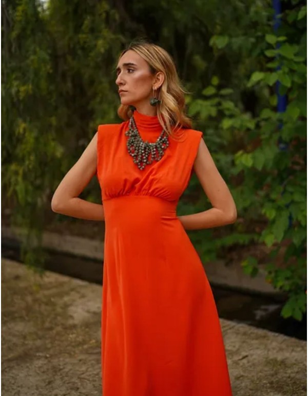 Orange midi party dress with high neck and shoulder pads