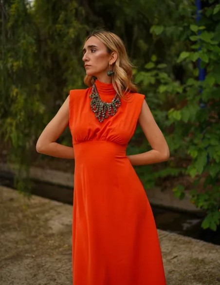 Orange midi party dress with high neck and shoulder pads
