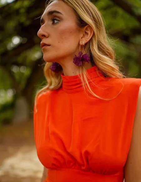 Orange midi party dress with high neck and shoulder pads