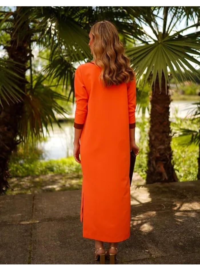 Orange kaftan style guest dress with black...