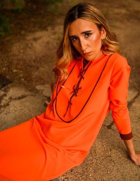 Orange kaftan style guest dress with black detailing