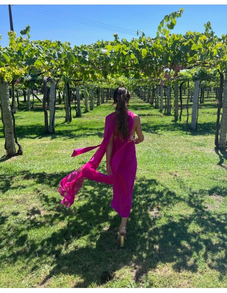 Cape de fête longue en mousseline de soie fuchsia