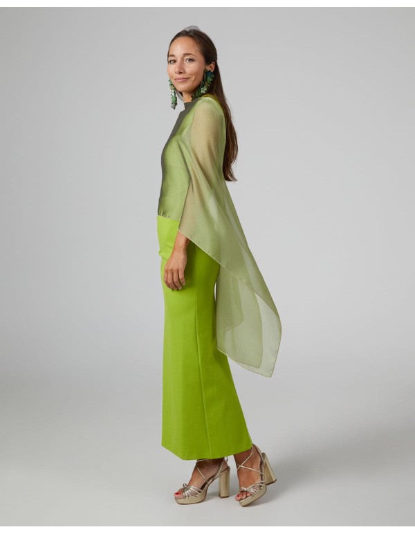 Long layer in pistachio green cationic chiffon with...