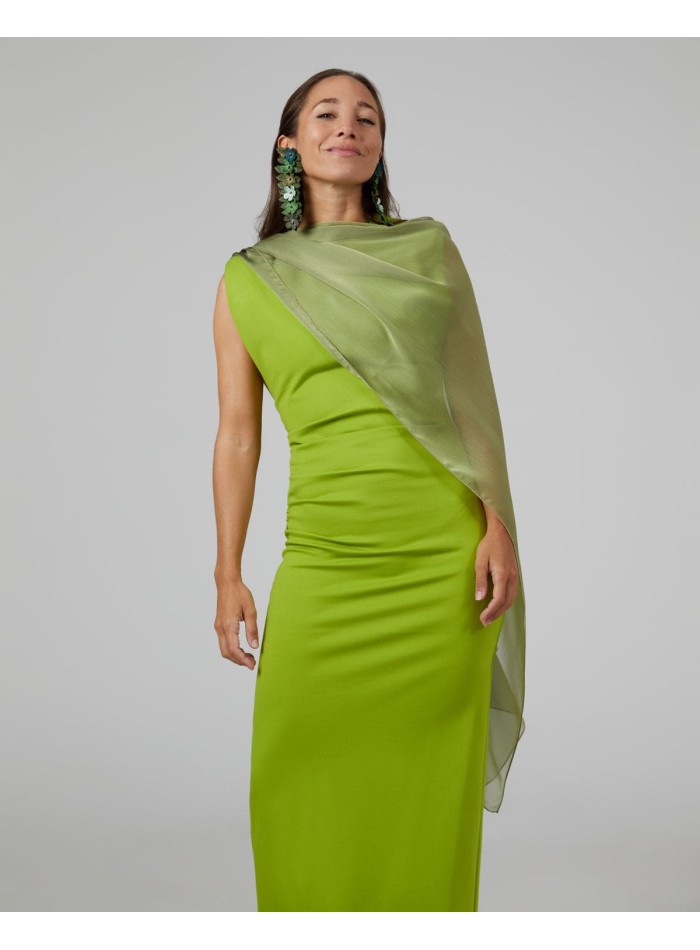 Long layer in pistachio green cationic chiffon...