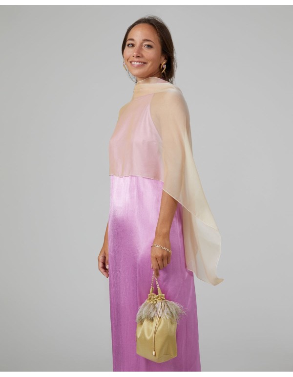 Short cape in light gold cationic double thread chiffon