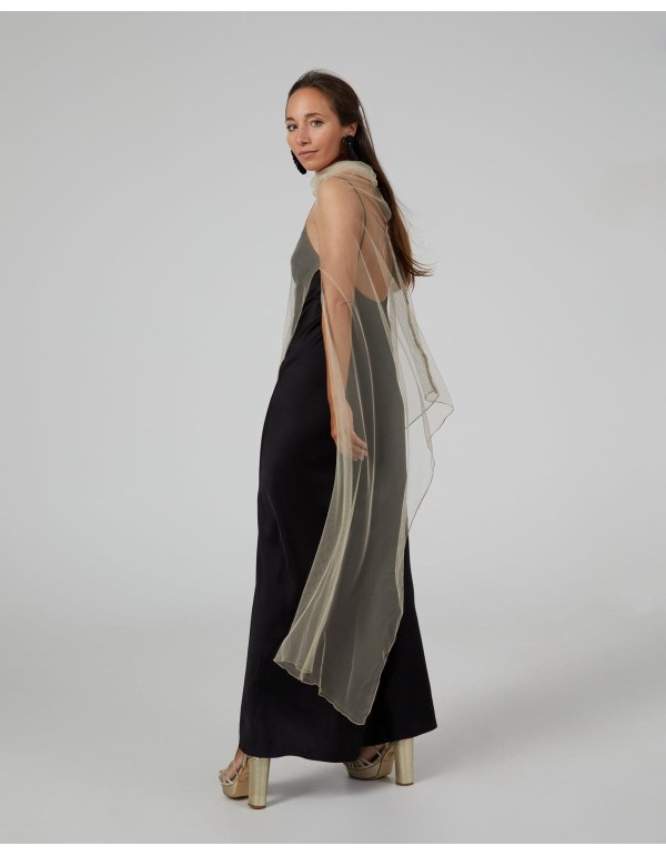 Longue cape de fête en tulle beige avec fentes latérales 2