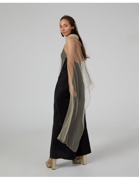 Long party cape in beige tulle with side slits