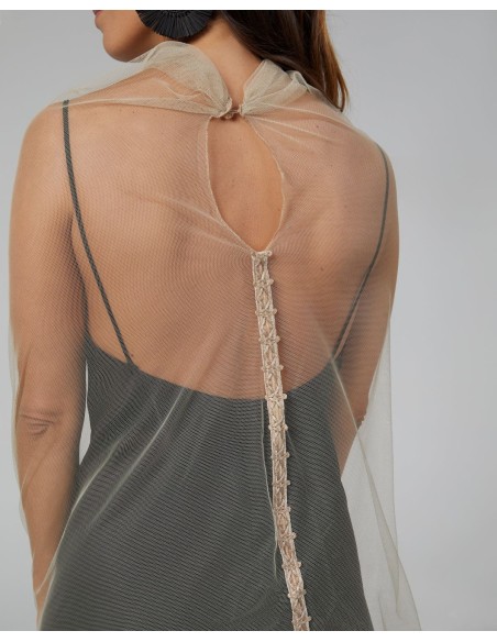 Long party cape in beige tulle with side slits