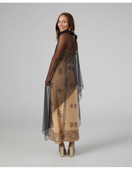 Capa de fiesta larga en tul negro con aberturas laterales