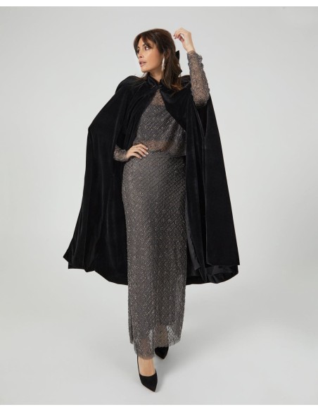 Black velvet midi cape with neckline closure