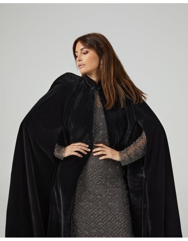 Black velvet midi cape with neckline closure