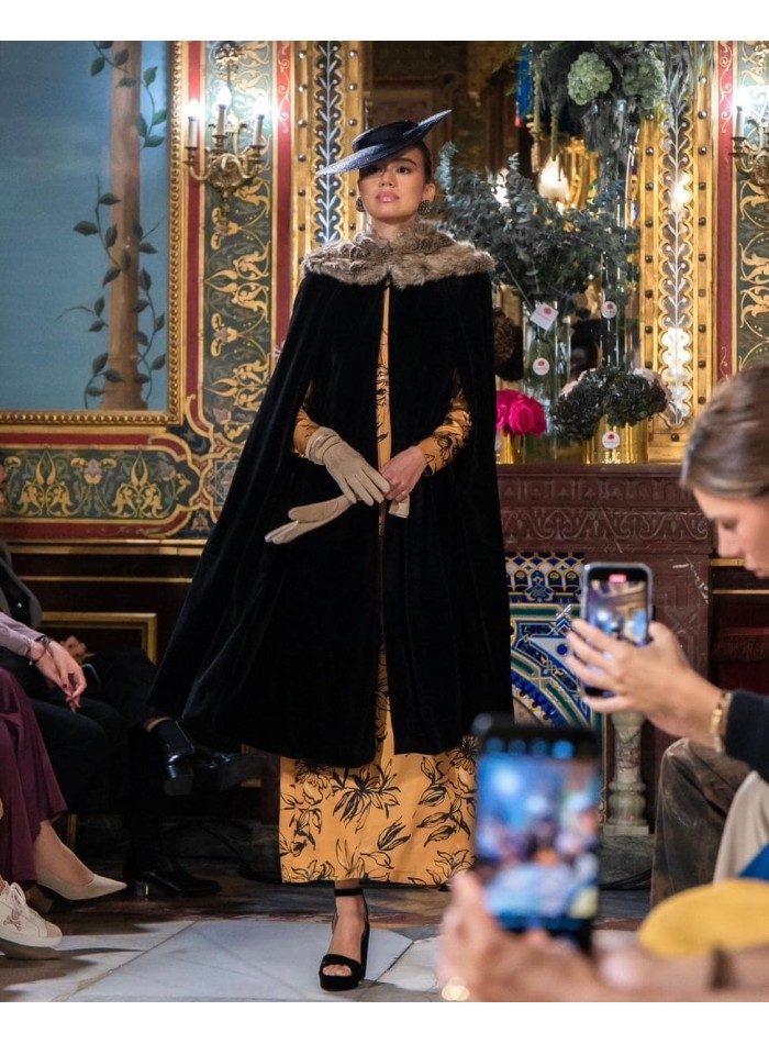 Black velvet midi cape with neckline closure