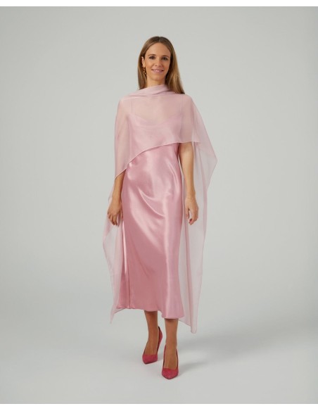 Cape midi rose pâle en mousseline de soie cationique et double fil
