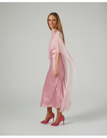 Cape midi rose pâle en mousseline de soie cationique et double fil