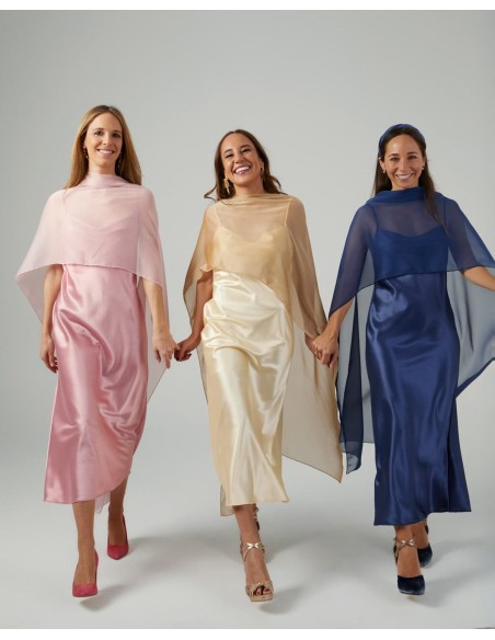 Light pink midi cape in cationic chiffon and double thread