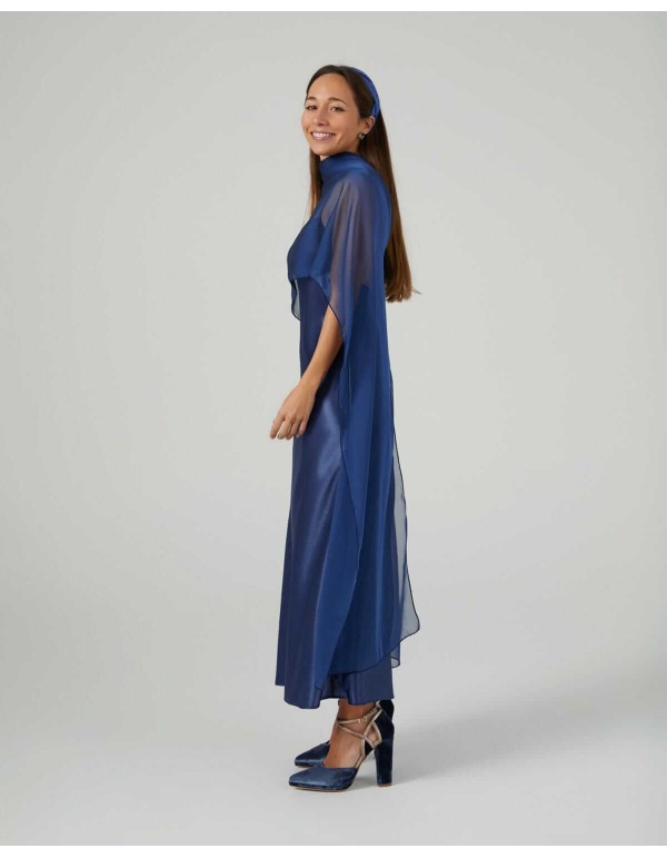 Midi cape in navy blue chiffon and double thread 2