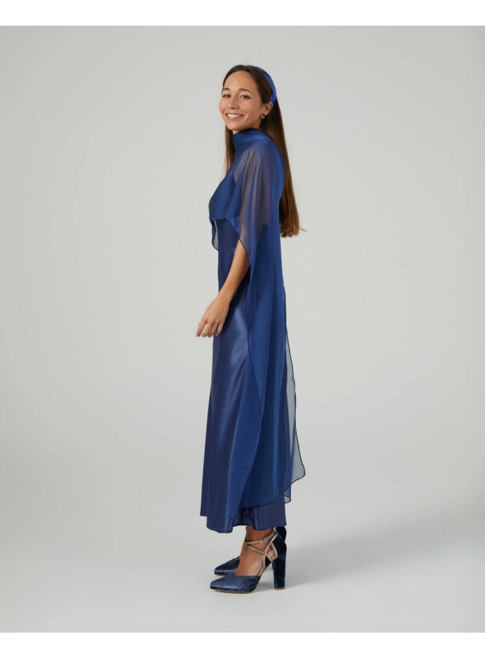 Midi cape in navy blue chiffon and double thread