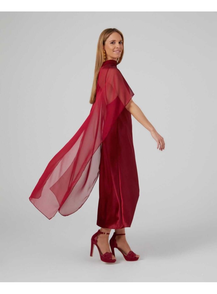 Maroon midi cape in cationic chiffon and double...