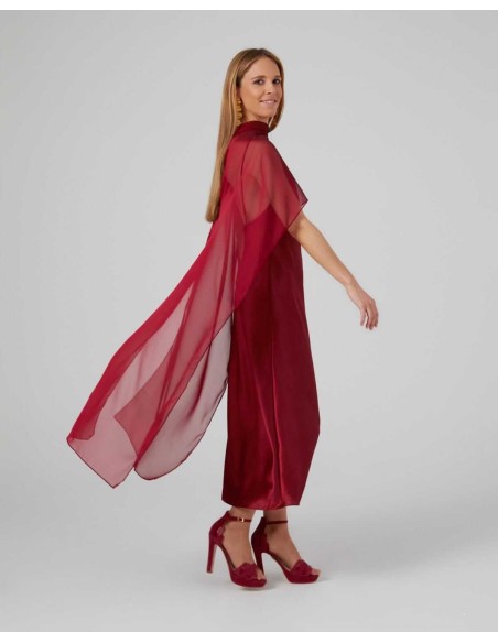 Maroon midi cape in cationic chiffon and double thread