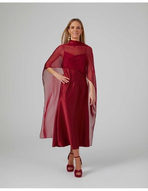 Maroon midi cape in cationic chiffon and double thread