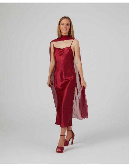 Cape midi marron en mousseline cationique et double fil