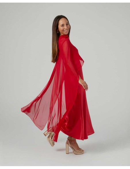 Cape midi rouge en mousseline de soie cationique et double fil
