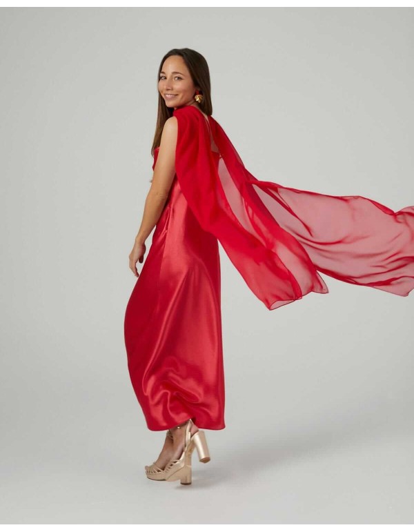Red midi cape of cationic chiffon and double thread 2