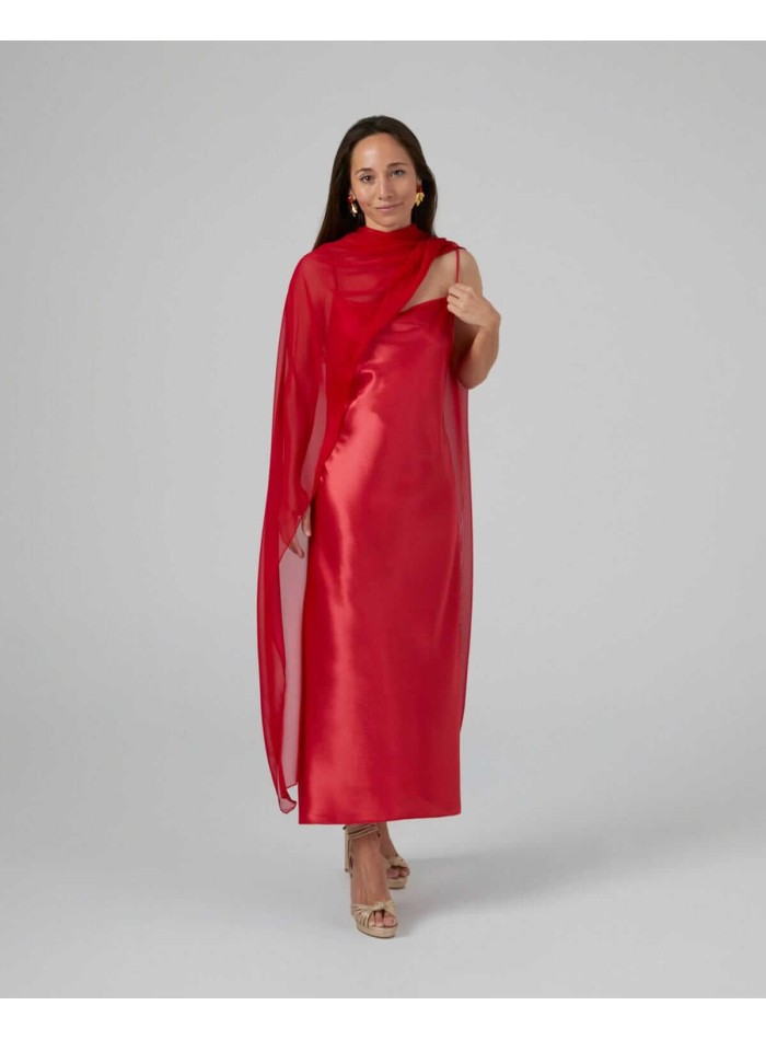 Cape midi rouge en mousseline de soie...