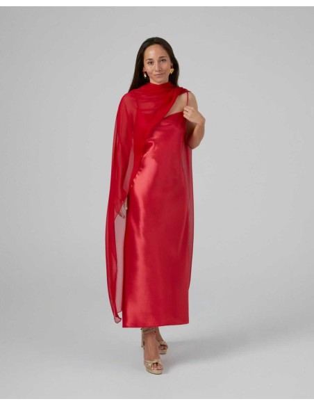 Cape midi rouge en mousseline de soie cationique et double fil