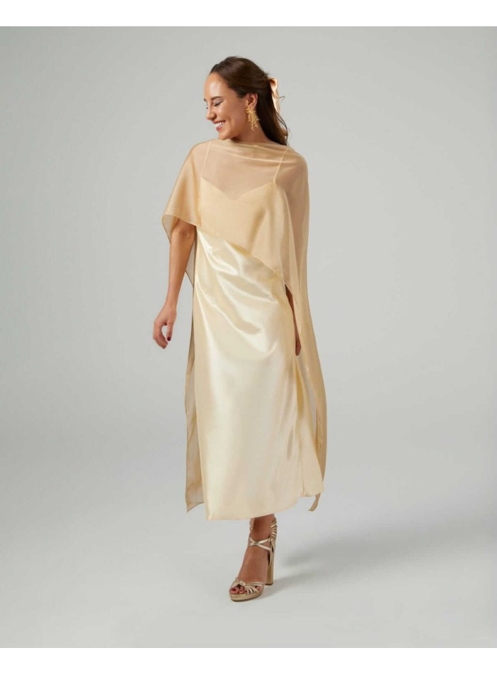 Cationic chiffon midi cape with double golden...