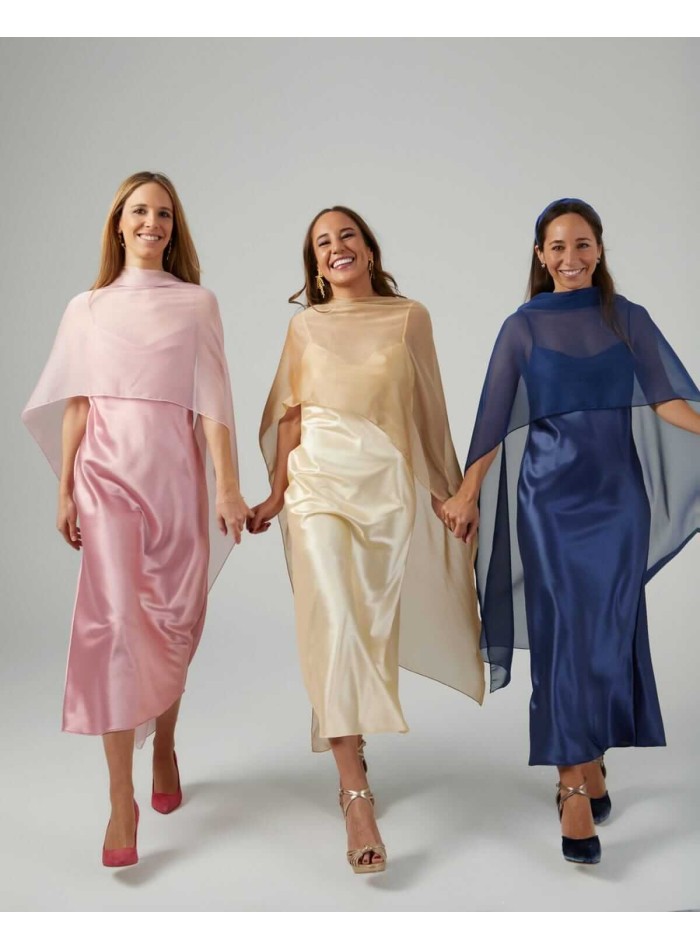 Cationic chiffon midi cape with double golden...