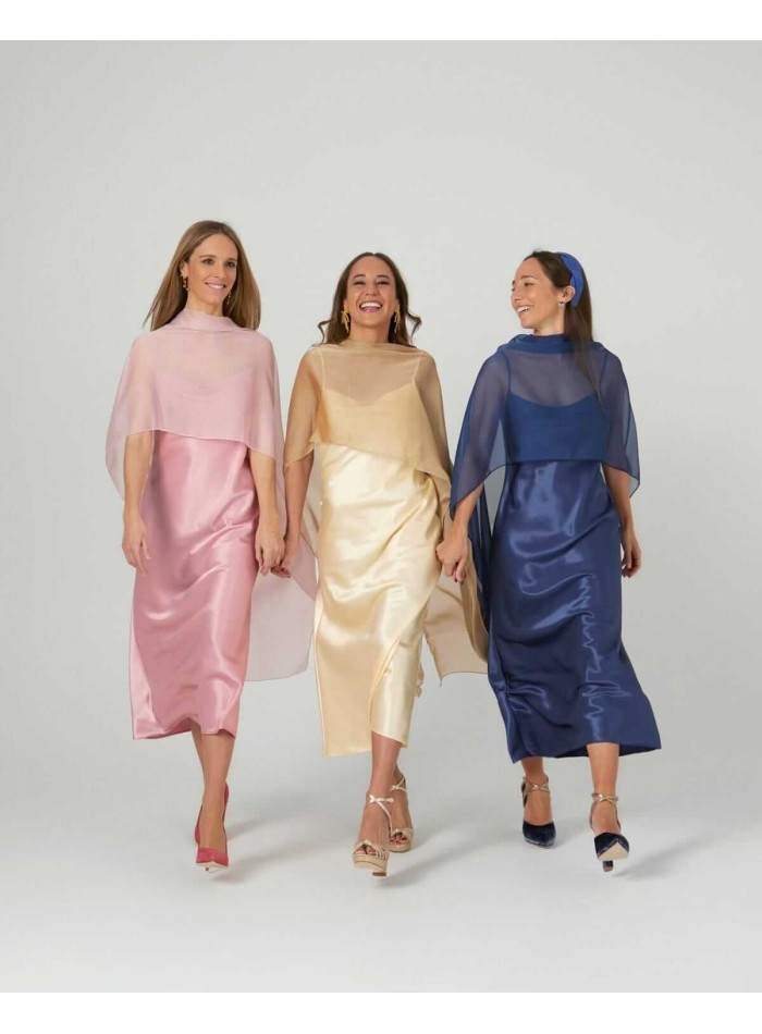 Cationic chiffon midi cape with double golden...