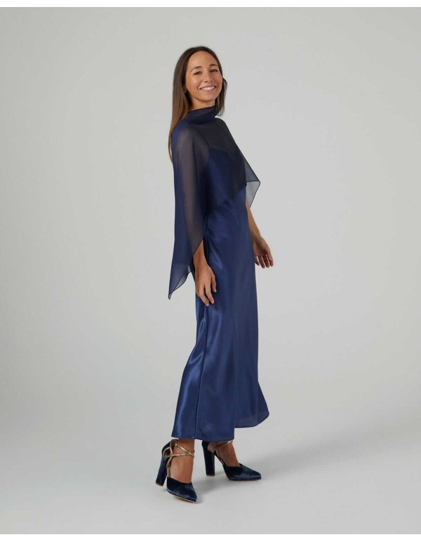 Short cape in navy blue cationic chiffon with double thread