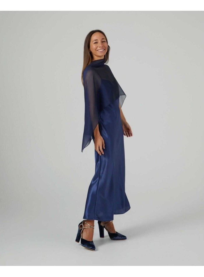 Short cape in navy blue cationic chiffon with double thread
